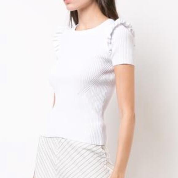 NWT Cinq A Sept Ribbed White Short Sleeve Sloann Pullover Top LARGE - Picture 1 of 7